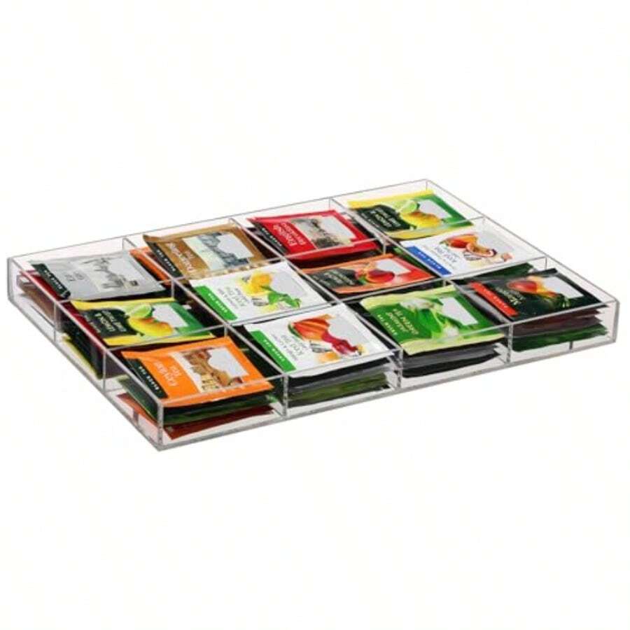 Weysat Organizador de bolsas de té 12 rejillas soporte acrílico transparente con 12 ranuras para caja de almacenamiento para cocina encimera clóset cajón barra de café despensa - Por supuesto - Ver 1