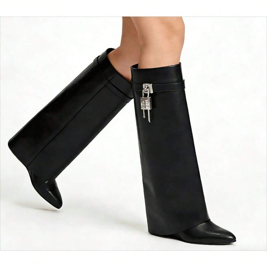 Fashionable Women's Knight Boots Made Of Genuine Leather In The New 2026 Style With Metal Buckles, Comfortable Wedge Heels And Invisible Heel Enhancement – Perfect For Everyday Wear And Travel. - 高品質黑色 - 查看 1