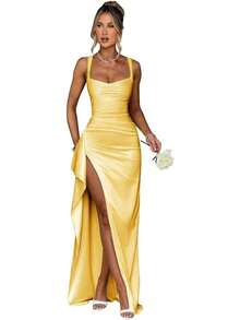 Women's 2026 Satin Silk Spaghetti Straps Slit Bridesmaid Dress, Formal Evening Prom Dress - 黃色 - 查看 8