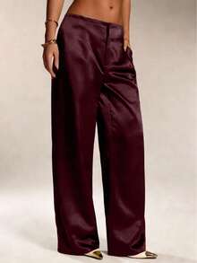 Pantalones de seda de satén de unicolor para mujer con bolsillos y cremallera, adecuados para vacaciones, oficina, brunch, aeropuerto, todas las estaciones primavera - Champán - Ver 9
