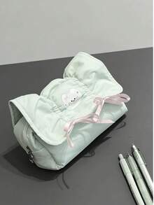 1个薄荷绿蓬松铅笔盒，带可爱猫咪贴片和粉色蝴蝶结，大容量荷叶边美观笔袋，尼龙材质，适合青少年女孩和学生的文具收纳包 - 1個 可愛薄荷色蝴蝶結帳袋 - 查看 7