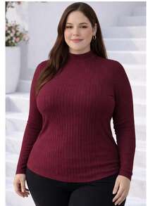 Women's Plus Size Long Sleeve Blouse With Medium High Ribbed Neck, Premium Comfortable Viscose - 紫紅色 - 查看 5