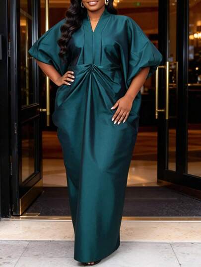 Modest Peacock Blue Maxi Bubu Dress With Pleated Waist V Neck Puff Sleeves Kimono Dress For Formal Event Church Celebration Spring