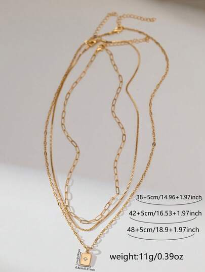 3件套金色多层几何回形针盒链和闪亮立方氧化锆长方形吊坠项链，女士饰品（链条、扣环和吊坠数量随机）