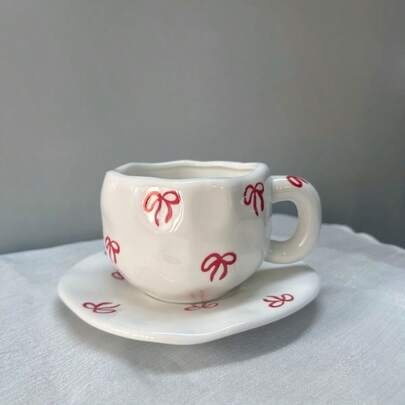 1 Set Handmade Asymmetrical Bow Ceramic Cup & Saucer Set, Vintage Japanese Style High-Quality Thick Coffee Mug, Afternoon Tea/Coffee Cup & Saucer Set, Office Latte Cup Set, Birthday/Holiday Gift, Gift For Friends