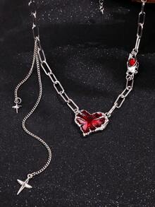 1件嘻哈风红色爱心吊坠项链，男士圣诞节、新年、情人节节日礼物 - 銀色 - 查看 3