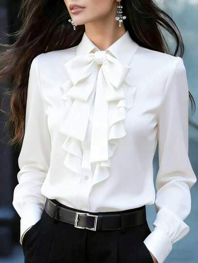 女士优雅通勤纯色荷叶边蝴蝶结装饰衬衫