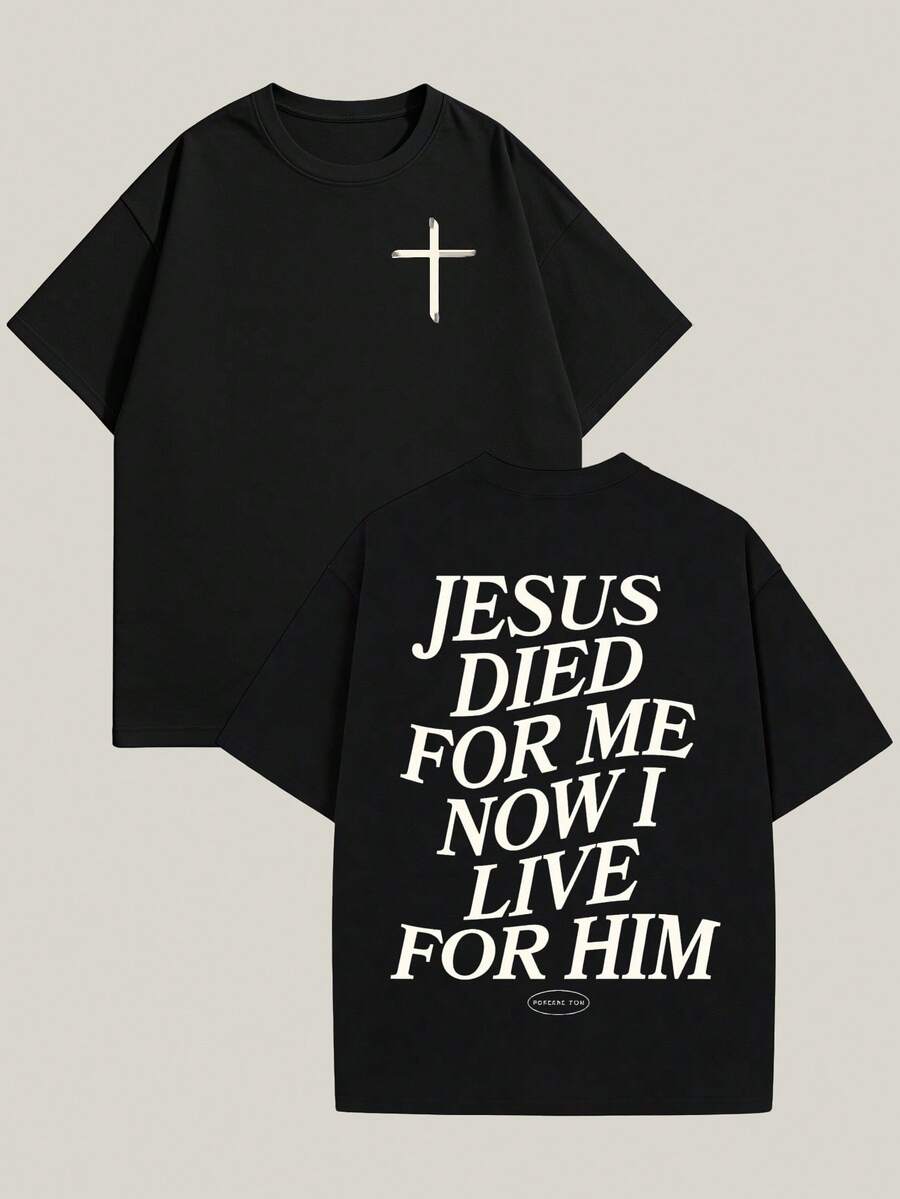 Women's Round Neck Fitted-Shirt 3. Retro Washed-Shirt Double Sided Printed (230 Cotton-Shirt) 'JESUS DIED ME NOW I LIVE HIM' Letter Print, Christian, Men's-Shirt, Men's Casual, Comfortable, Fashionable-Suitable Daily Wear, Vacation, Party - 黑色 - 查看 1