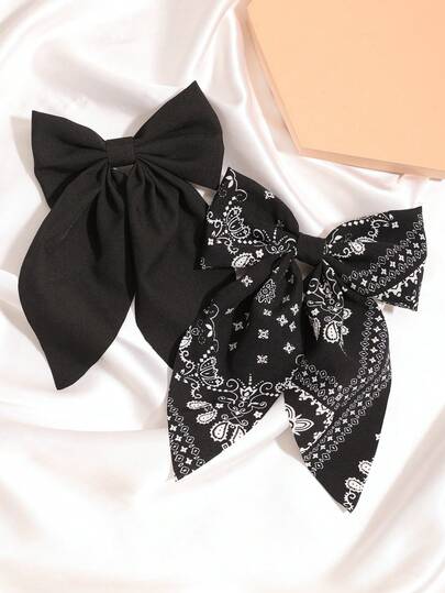 2 piezas Pashmina sólida negra Pasador de pelo con moño, estilo bohemio casual de palacio, fiesta linda, calle elegante, poliéster, adecuado para todas las estaciones