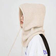 1pc Women's Fashion Knitted Hooded Neck Warmer, Drawstring Balaclava Hat, Versatile For Commuting - Beige - View 1