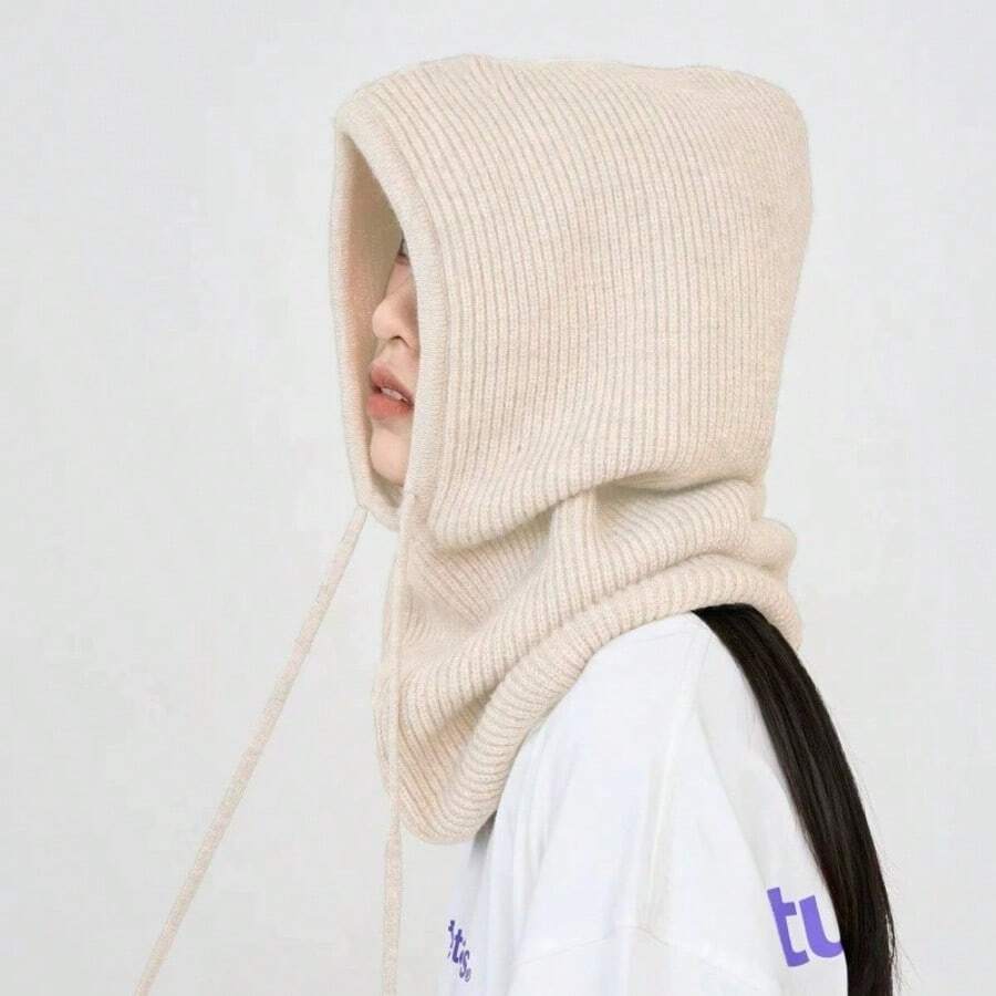 1pc Women's Fashion Knitted Hooded Neck Warmer, Drawstring Balaclava Hat, Versatile For Commuting - Beige - View 1