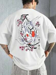Camiseta Casual de Verano para Hombre Fractyr con Estampados de Peces Koi y Flores de Cerezo, Estilo Urbano Versátil, que Muestra tu Moda Única, Regalo Perfecto para Novio o Esposo - Blanco - Ver 1