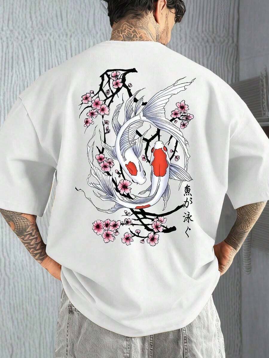 Camiseta Casual de Verano para Hombre Fractyr con Estampados de Peces Koi y Flores de Cerezo, Estilo Urbano Versátil, que Muestra tu Moda Única, Regalo Perfecto para Novio o Esposo - Blanco - Ver 1