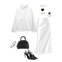 女士波点缎面围巾衬衫，春夏款 - 黑白波點 - 查看 4