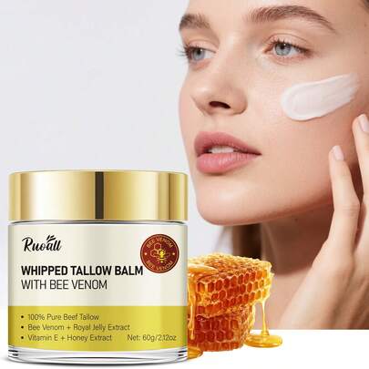 RUOALL Crema facial hidratante con extracto de sebo de res y extracto de abeja, hidratación profunda y nutrición, cuidado de la piel suave, humedad duradera, con extractos vegetales naturales, frasco transparente con tapa dorada de 60g, para hombres y mujeres, todo tipo de piel, cuidado diario de la piel, 1 paquete