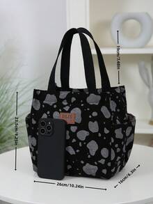 DLIU Tela de pana con estampado floral grueso, bolso de mano de estilo minimalista y retro, bolsa de almuerzo, con cremallera semi sellada, bolsillos a ambos lados, bolsa de compras portátil, bolsa multiusos, bolsa de almuerzo, adecuada para salidas, compras, escuela, trabajo, uso diario, gran capacidad, bolsa cuadrada de mano, contenedor de almuerzo aislado, bolsa de almuerzo, bolsa de picnic, bolsa refrigeradora para escuela, artículos esenciales de verano - Negro - Ver 3