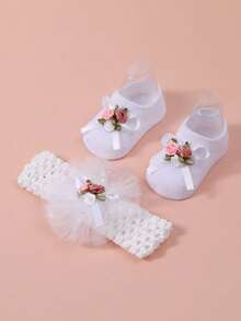 1 Set Newborn Baby Boat Socks + Headband Hair Accessories, Sweet Infant Hair Decor & Socks Combo, Suitable For Baby's First Month, Birthday Party - Multicolor - View 1