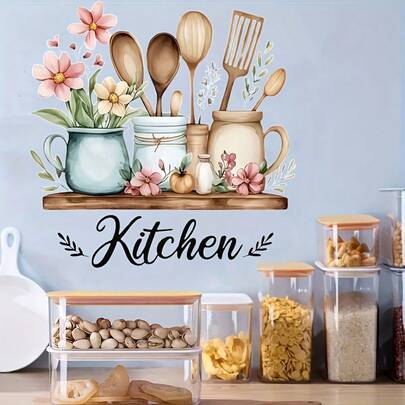 1 miếng dán tường nhà bếp - Họa tiết hoa trong lọ gia vị, decal vinyl tự dính và có thể tái sử dụng, thích hợp trang trí nhà bếp, phòng khách và phòng ăn - Tranh nghệ thuật hiện đại có thể giặt rửa, trang trí nhà bếp, hình minh họa vui nhộn.