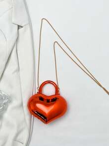 Glossy Heart-Shaped Metal Chain Bag, Sweet & Cool Mini Handbag, Party Style Shoulder Crossbody Bag - Multicolor - View 5