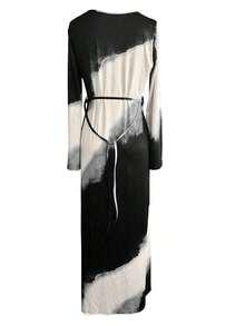 Elegant Arabic Style Mid-Length Dress, Women's Long Sleeve Round Neck Knit Fabric, Black & White Abstract Print - 黑色 - 查看 4