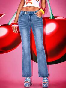 Women's Casual Blue Denim Long Slim Fit Jeans, Button Detail Design, Medium Stretch Fabric, Fashionable And Comfortable, Suitable For Daily Wear Spring - Medium Wash - View 1