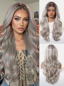 Perucă sintetică 100% importată, perucă frontală cu dantelă 13*6, 26 inch, culoare argintie, peruci sintetice pentru femei, păr natural rezistent la căldură, cosplay, perucă sintetică colorată, păr la temperaturi ridicate, pentru femei, stil de zi cu zi pentru sărbători, perucă sintetică, perucă țesută pentru Halloween și Crăciun - Argint - Vizualizare 12