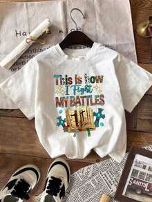 Slogan Graphic Tee Comfortable Cotton T-Shirt - trắng - Xem 5