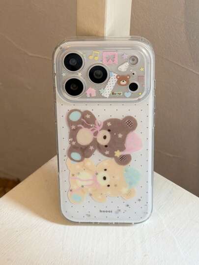 IPhone Compatible Double-Layer Phone Case, White Base, Black Color, Polka Dot, Bear Design