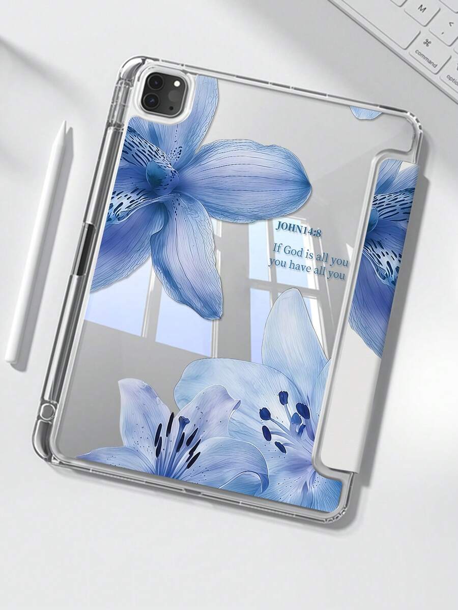 A Cute Cartoon Anime Blue Flower & Letter Pattern Double-Sided Acrylic Transparent Crystal Back Cover, Shock-Proof, Suitable For IPad 7th, 8th, 10th Generation (10.2 Inch), Built-In Pen Slot, Support Sleep/Wake Function, Ideal Gift Choice - Multicolor - View 1