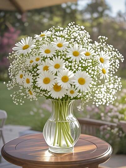 30支洋甘菊和满天星人造花，欧式桌面雏菊仿真花家居装饰，春夏桌面装饰雏菊，情人节、生日、毕业礼物，人造雏菊，优雅的洋甘菊和向日葵，户外花瓶填充物，DIY家庭派对，春日草甸婚礼雏菊派对装饰（白色洋甘菊），摄影道具（不含花盆），秋季装饰，秋季