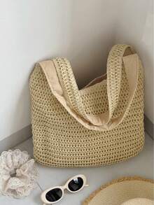 Summer Handmade Woven Straw Tote Bag, Women's Shoulder Bag, Casual Vacation Style, Large Capacity - Multicolor - View 2