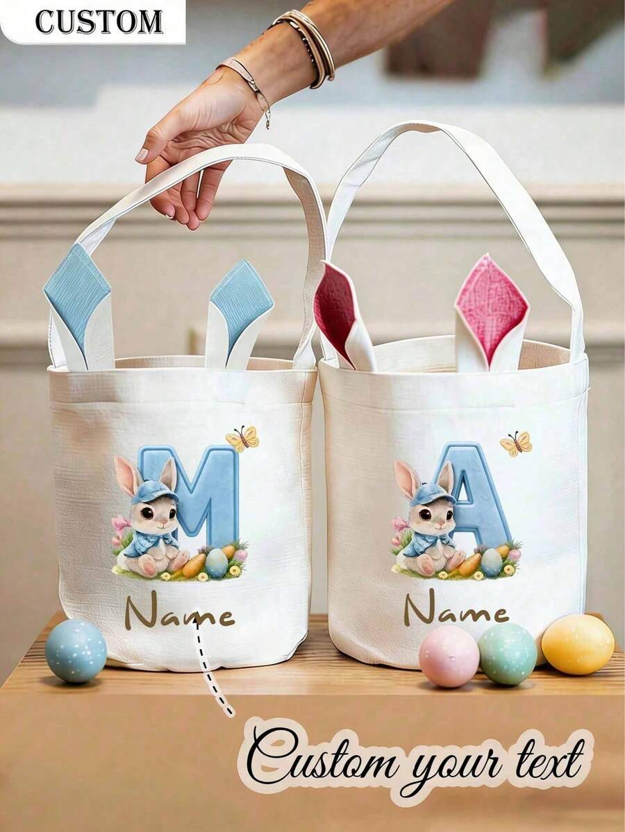 Personalized Easter Bunny Tote Bag - Customizable Name Easter Egg Hunt Gift Bag With Rabbit And Egg Pattern, Party Favor Bag, Spring Basket Filler (Add Your Name) - Multicolor - View 1