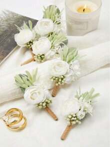 男士婚礼胸花，人造丝玫瑰花，适合新郎和伴郎婚礼装饰，优雅编织翻领别针，完美适用于舞会、订婚仪式、周年纪念晚宴和其他场合。 - 彩色 - 查看 2