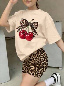 2pcs/Set Girls Loose Short Sleeve Set, Printed With Leopard Print & Cherry Pattern, Paired With Leopard Print Leggings, Fashionable Summer Outfit - Multicolor - View 2