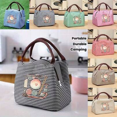 Handmade Knitting Tool Printed Tote Bag, Striped Insulated Lunch Bag, Knitting Lover Tool Bag, Office Worker Student Lunch Box, Outdoor Picnic Bag, Suitable For Commuting, Carrying Kids, Going To School, Outdoor Picnic, Carrying Knitting Tools, Travel And Shopping. Large Capacity Multi-Pocket Insulated Tote Bag. An Excellent Gift For Handicraft Lovers. Random Lining.