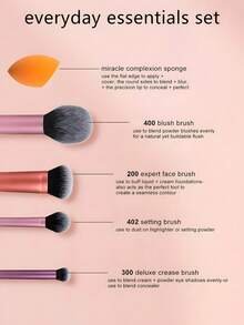 5pcs Essential Makeup Brush Set, Includes 4 Makeup Brushes And 1 Makeup Sponge, Suitable For Foundation, Blush, Contour, Eyeshadow And Powder, Travel Gift Set - Multicolor - View 2