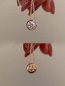 1 pieza Collar de cadena de clavícula de lujo reversible con cara sonriente de cristal único minimalista de acero inoxidable - Collar de burbujas con cara sonriente - Ver 7
