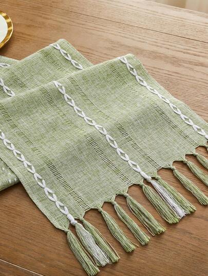 1 Set - Country Style Embroidered Striped Tablecloth, Linen Blend Tablecloth, Country Home Decor, Solid Color Handwoven Tassel Tablecloth, Suitable For Home Use