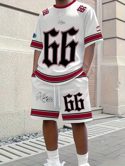 2件套3D条纹拼接数码印花短袖T恤和短裤套装，男士休闲日常穿着，夏季