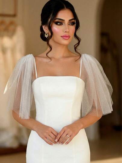 2pcs Shiny Bridal Shawl, Short Arm Cover For Women's Formal Dress, Brooch Fastener