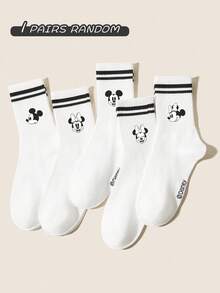 Disney 5/1 Pair Spring/Summer Crew Socks, Cute Cartoon Black & White Big Head And Pattern, Classic Simple Moisture-Wicking Comfortable White Double Stripe Socks/Sports Socks, Suitable For Parties, Casual Sports, Outings, Gift Giving - Black and White - View 6