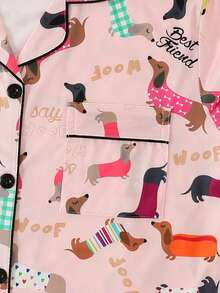 3pcs Sets Breathable Short Sleeve, Women Pajama Sets, Shorts & Long Pants, Lapel Button Short Sleeve. Suitable For All Seasons, Comfortable Loose Fit, Cartoon Sausage Dog Animal Pattern - Multicolor - View 5