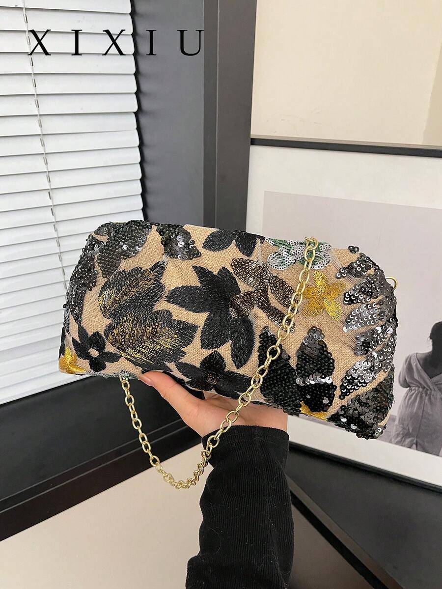 Túi xách nữ kiểu Trung Quốc thêu hoa đính sequin, dây đeo vai, thích hợp cho các bữa tiệc tối - Chất liệu cao cấp. - màu đen - Xem 1