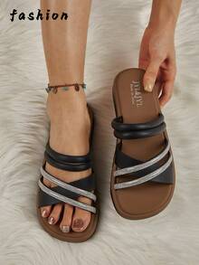 Dép nữ thời trang xuân/hè mới, kiểu dáng thường ngày, thiết kế đan chéo đính đá, dễ xỏ, thoáng khí, chống trơn trượt, thích hợp đi biển, ở nhà, văn phòng, đi bộ, màu nâu đa năng. - màu đen - Xem 7