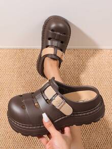 Dép lê nữ kiểu dáng thường ngày có khóa cài, dép xỏ ngón kiểu punk khoét rỗng, dép đế dày chống trơn trượt, dép bít mũi mùa hè. - màu nâu - Xem 2