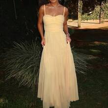 Vestido de fiesta de unicolor elegante hecho de tela de punto, adecuado para eventos formales, fiestas, eventos de regreso a la escuela, vacaciones en la playa y temporadas de primavera/verano - Amarillo - Ver 1