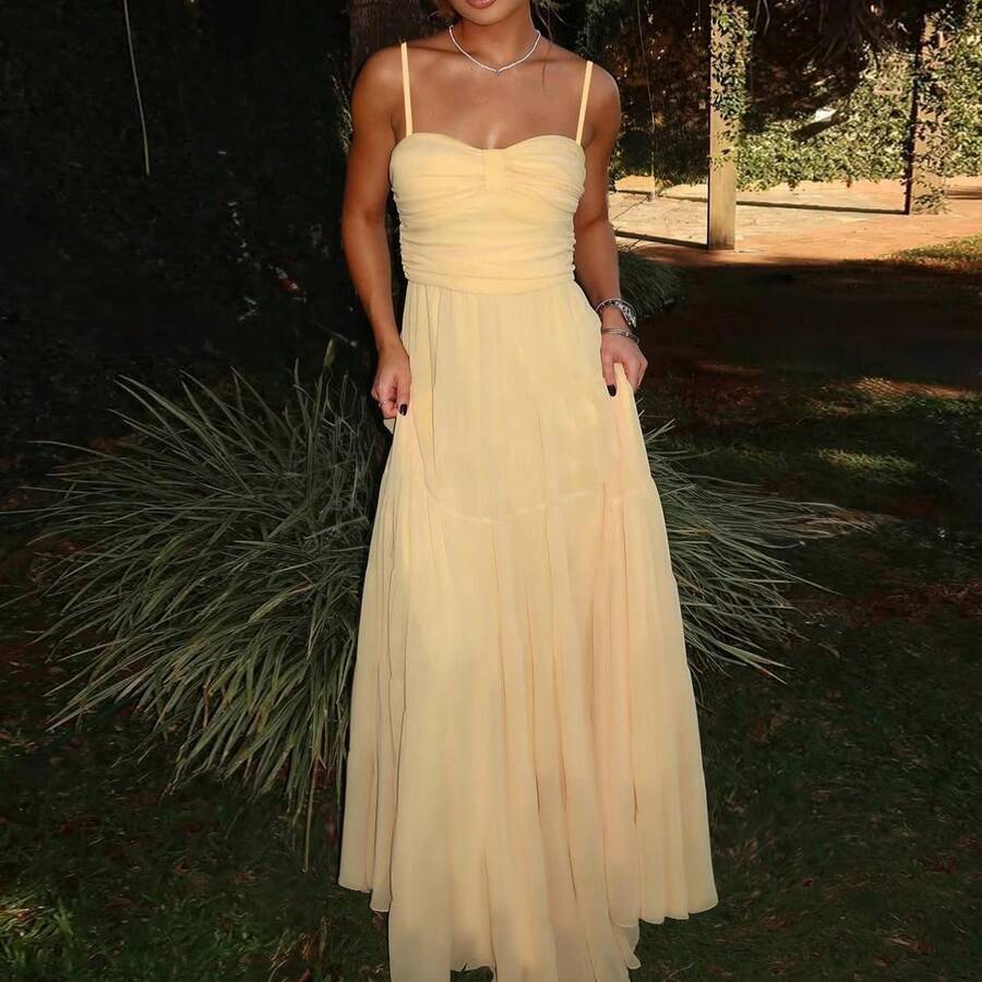 Vestido de fiesta de unicolor elegante hecho de tela de punto, adecuado para eventos formales, fiestas, eventos de regreso a la escuela, vacaciones en la playa y temporadas de primavera/verano - Amarillo - Ver 1