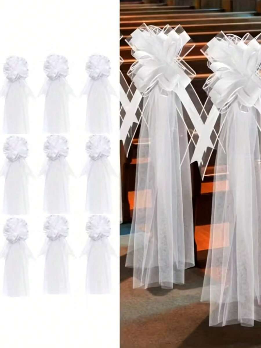 2 Sets Large Wedding Church Chair Aisle Decor Long Veil Bow White Wedding Car Decor, Wedding Anniversary Party Decoration - View 1