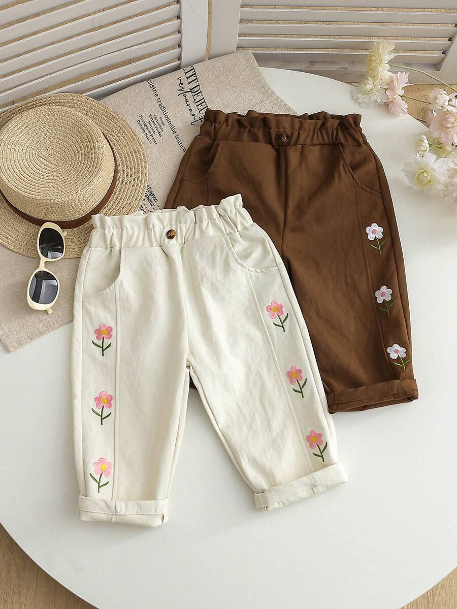Set de 2 pantalones casuales con bordado floral para niñas, nuevos pantalones de ocio para primavera/otoño con cintura elástica para niñas - Multicolor - Ver 1