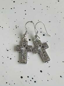 复古雕花十字架耳环，夸张的宗教风格时尚耳环，女士款 - 銀色 - 查看 3